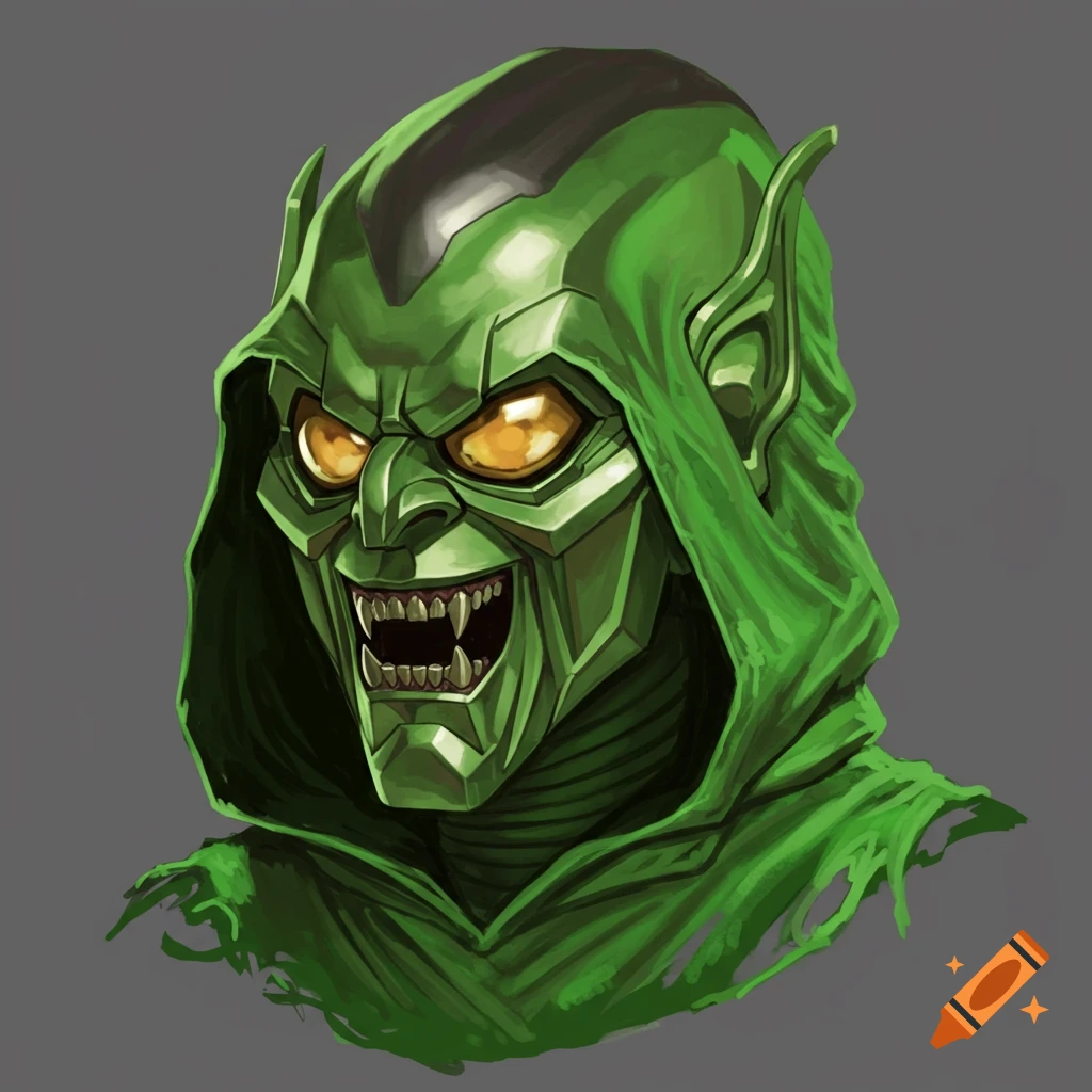 The Green Goblin's masked face with sharp teeth and hood.