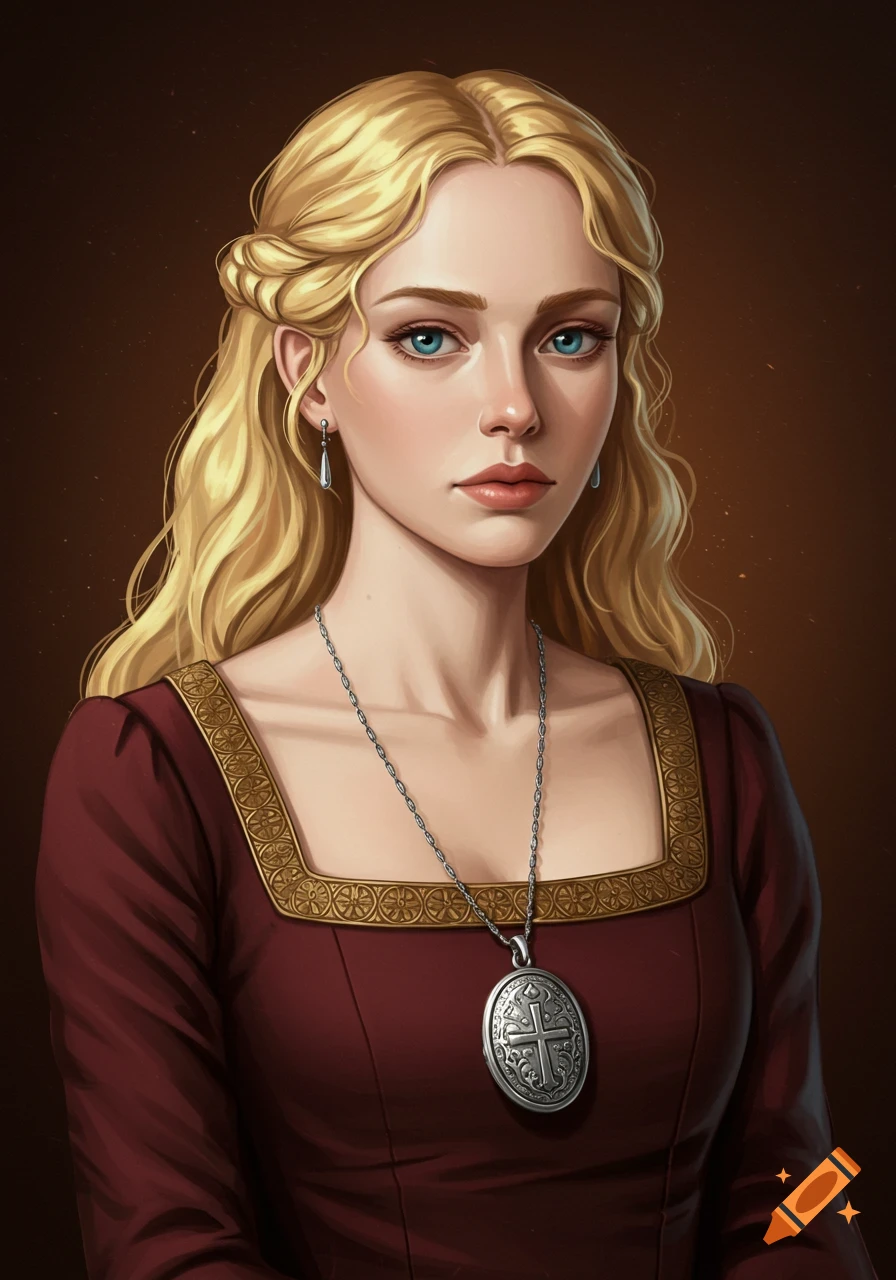 Portrait of a blonde woman in a red dress wearing a silver locket.