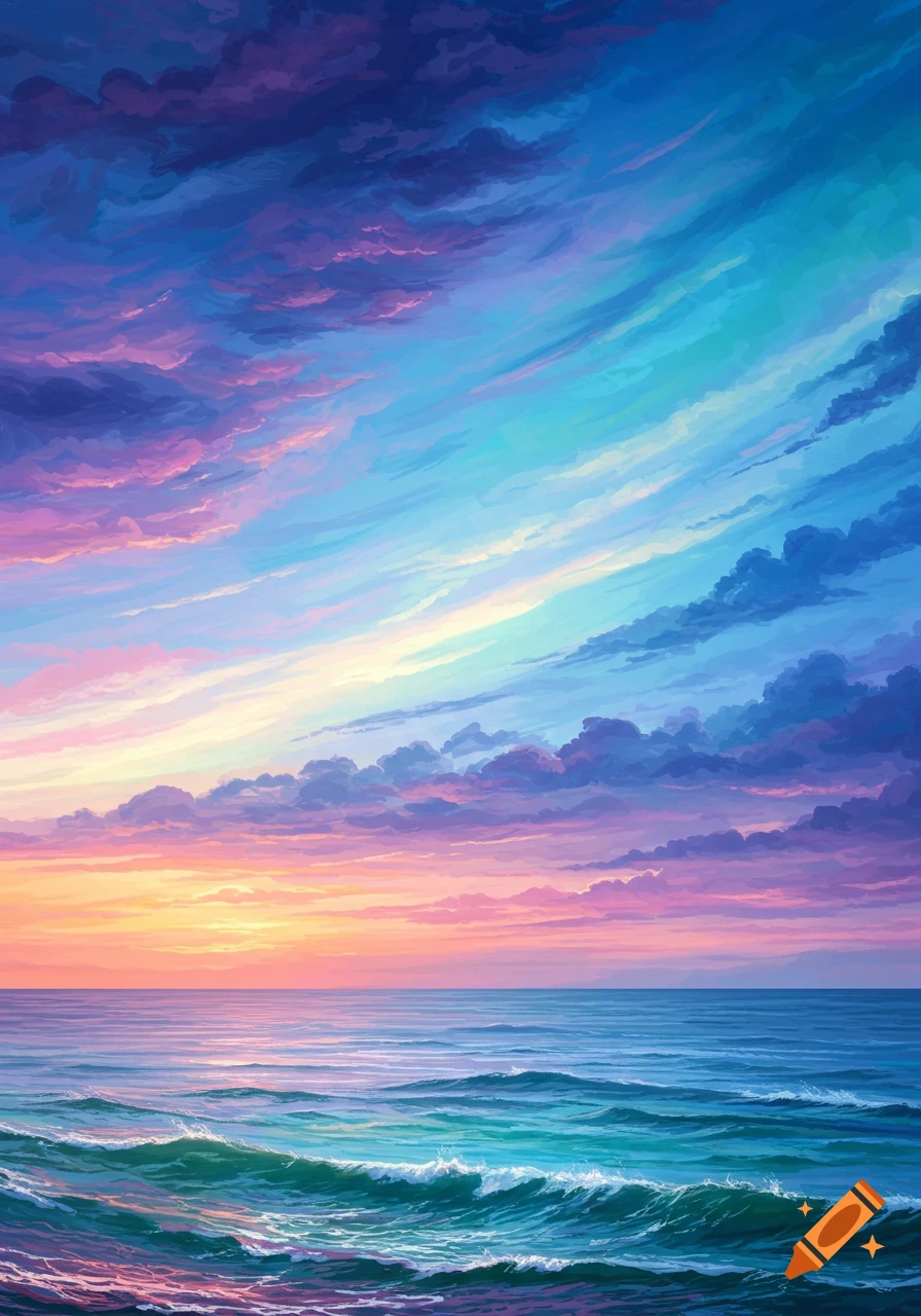A colorful abstract sky and ocean at sunset.