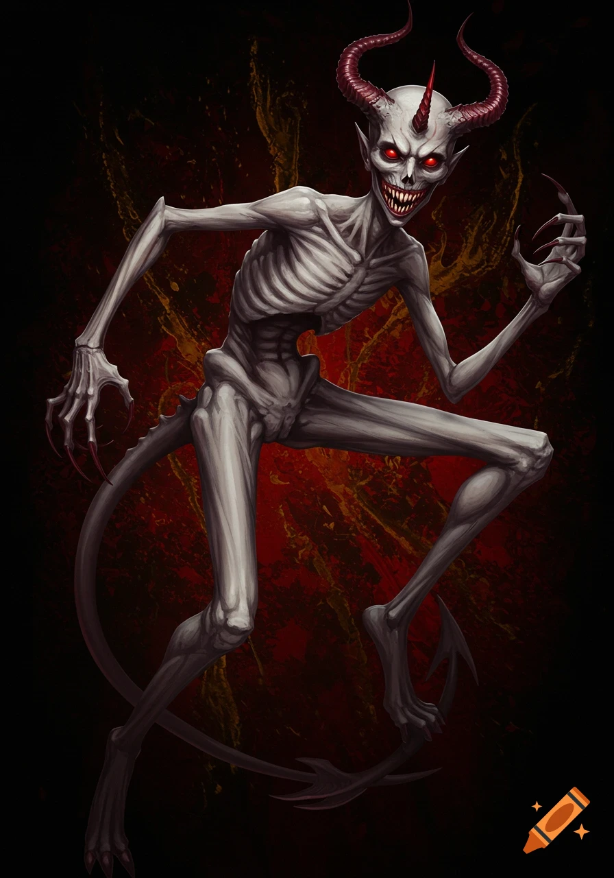 Skinny, skeletal demon with red eyes and horns.