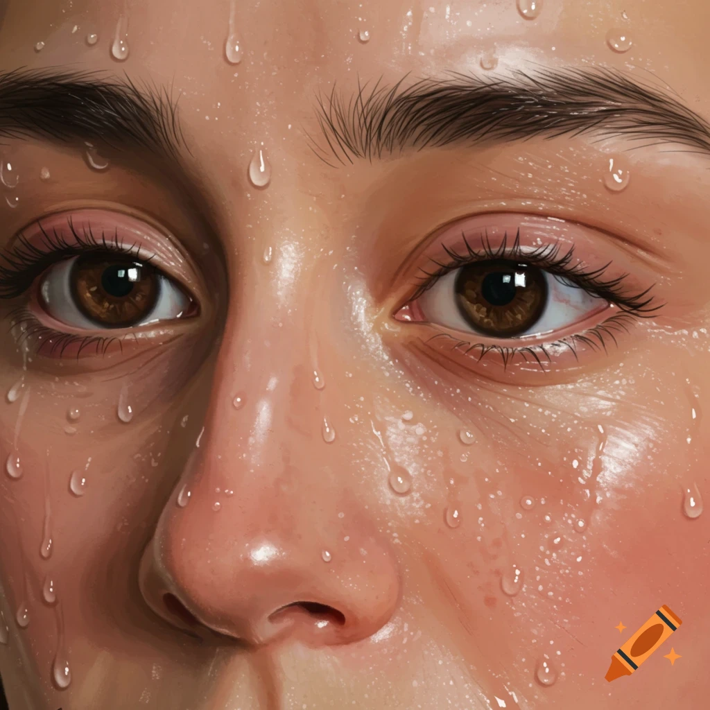 Close-up of a face with eyes and nose covered in sweat droplets.