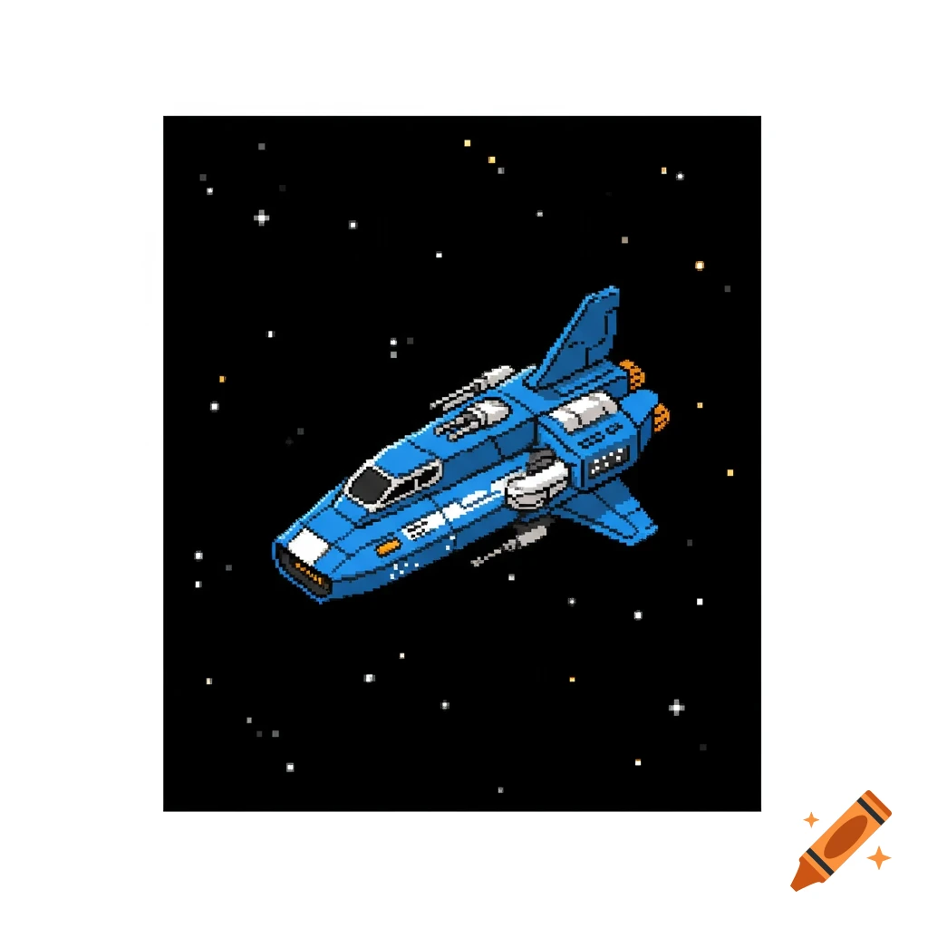 Pixel art blue spaceship flies through space.