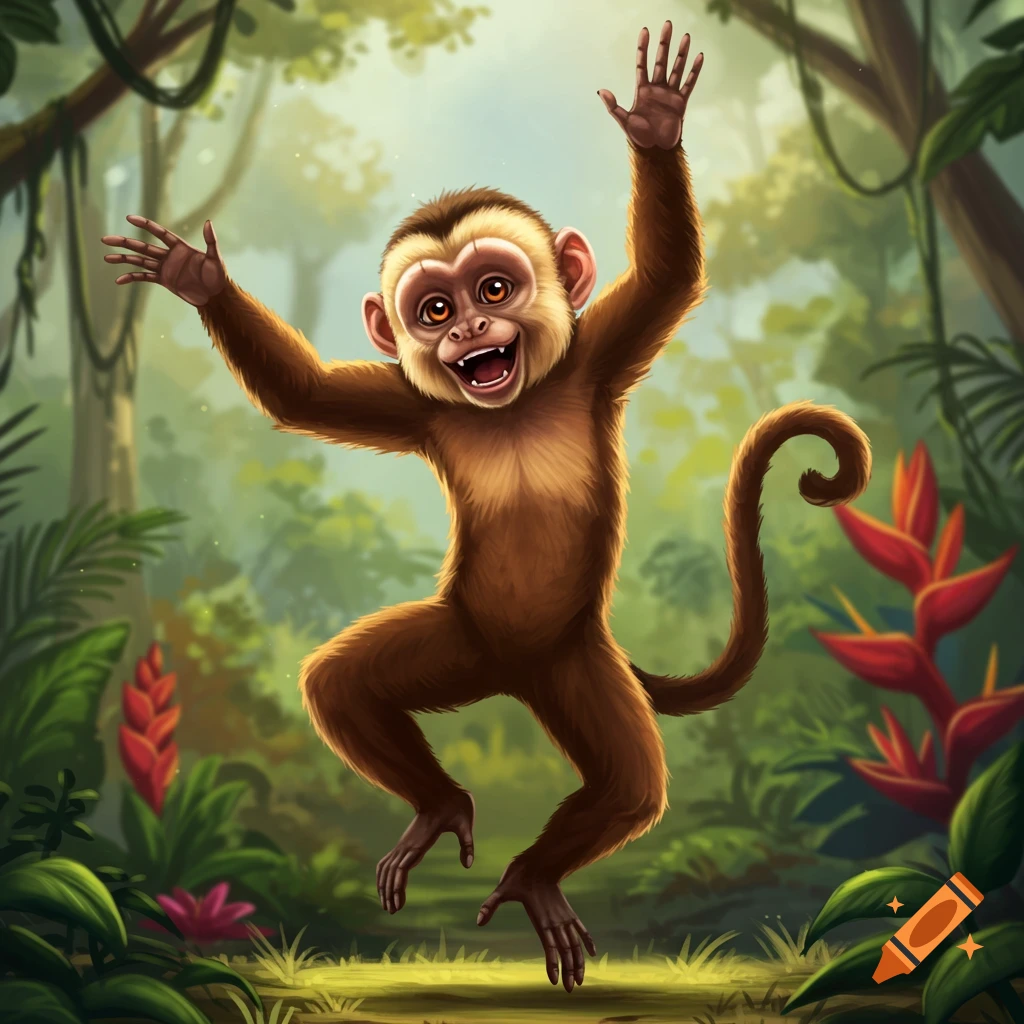 A smiling monkey dancing in a jungle.