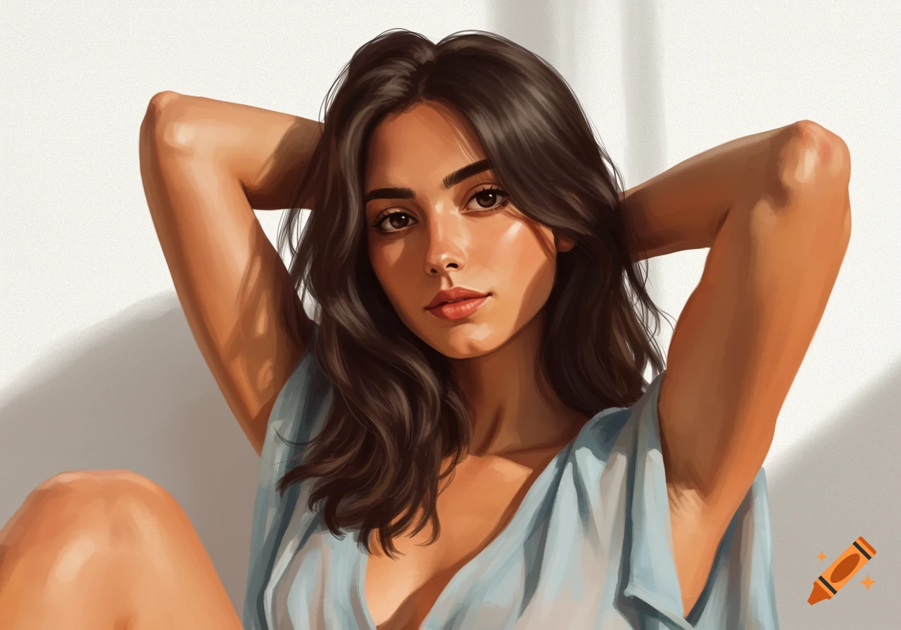 Portrait of a young woman with long dark hair and exposed armpits in a light blue dress.