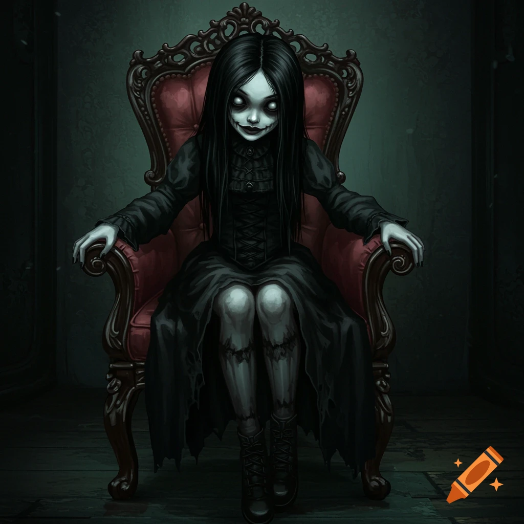 A creepy girl with pale skin and long black hair sits on an ornate chair in a dark gothic room.