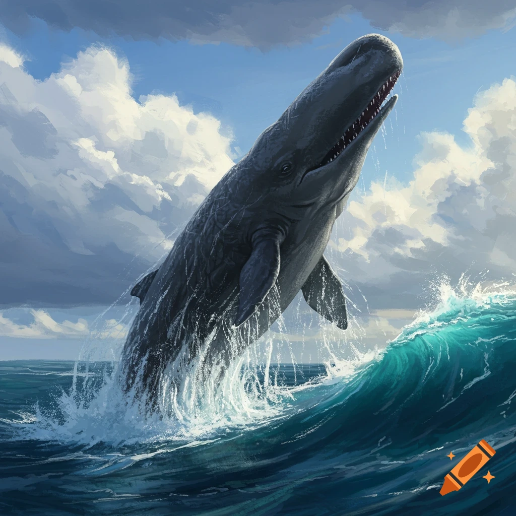 A large sperm whale breaches the ocean surface under a cloudy sky.