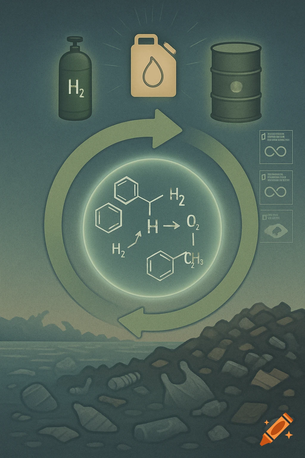 Stylized illustration of chemical recycling process, showing waste, chemical formulas, hydrogen cylinder, fuel can, and symbols.
