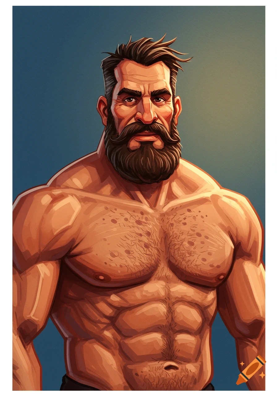 A muscular man with a beard.