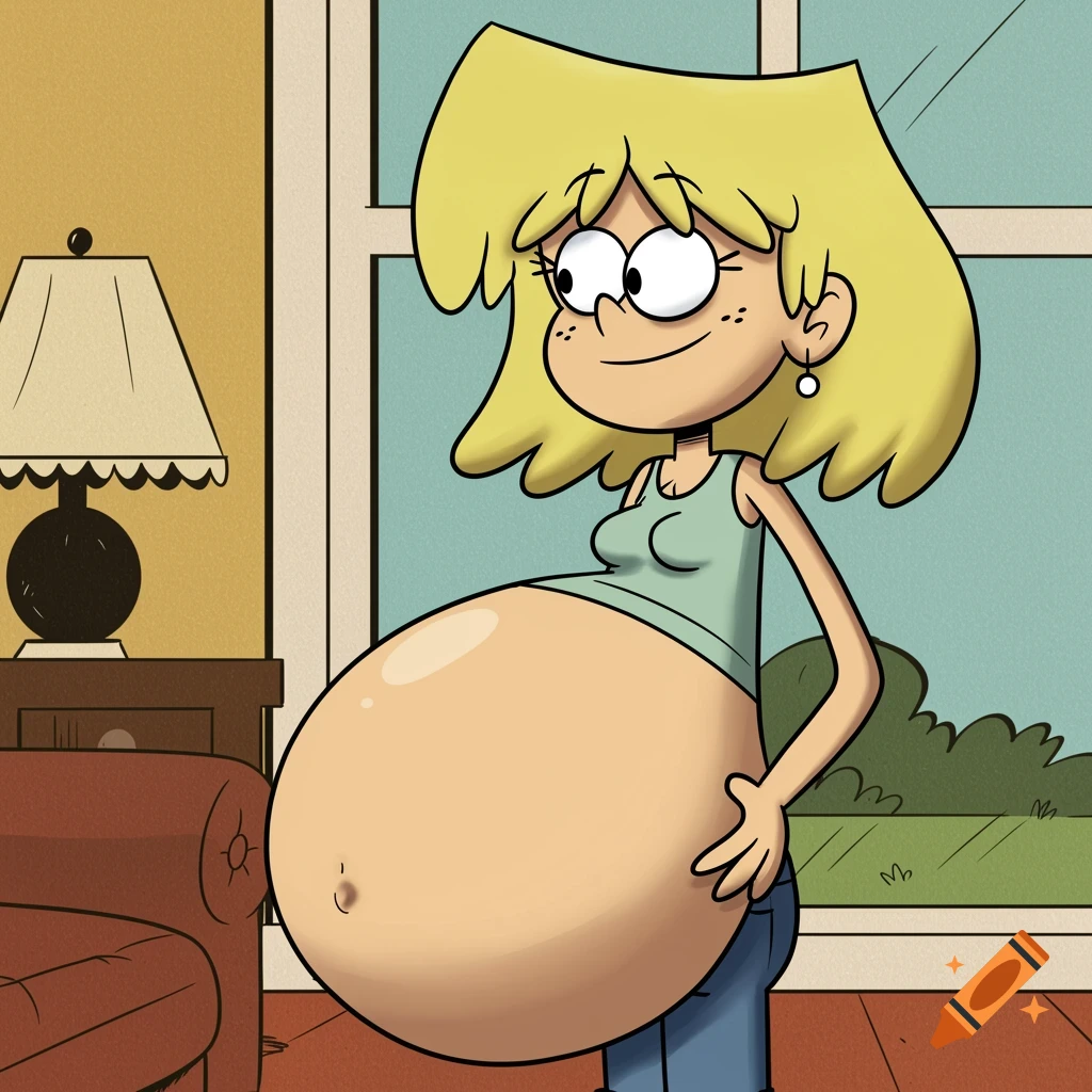 Cartoon image of Lori Loud from The Loud House with a large pregnant belly in a room.