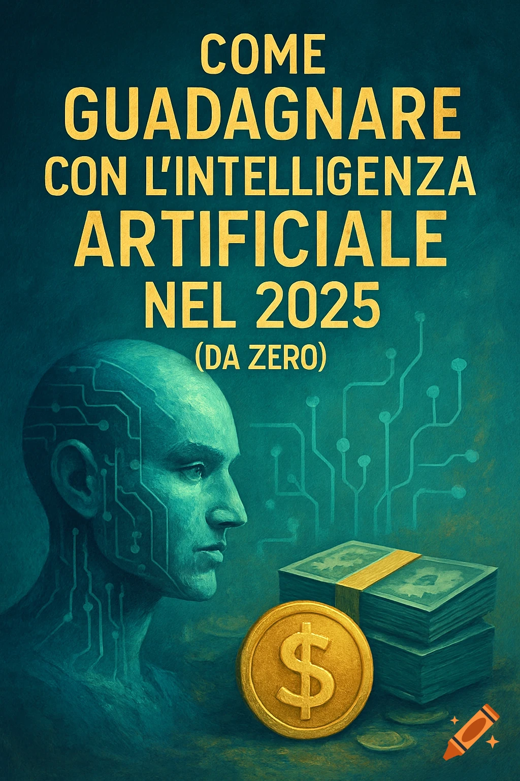 A human head with circuit patterns, money stacks, a dollar coin, and text about making money with AI.