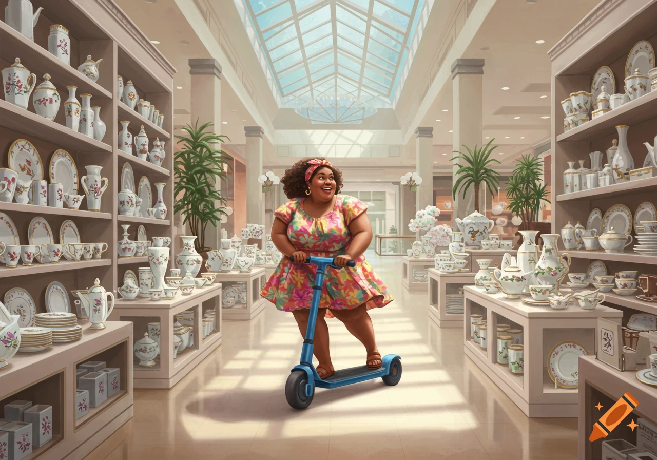 A heavy woman rides a scooter through a fine china shop in a shopping mall.