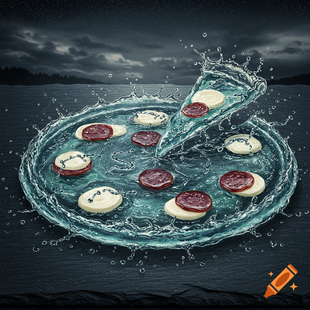 Surreal pizza made of splashing water with pepperoni and cheese toppings under a starry night sky.