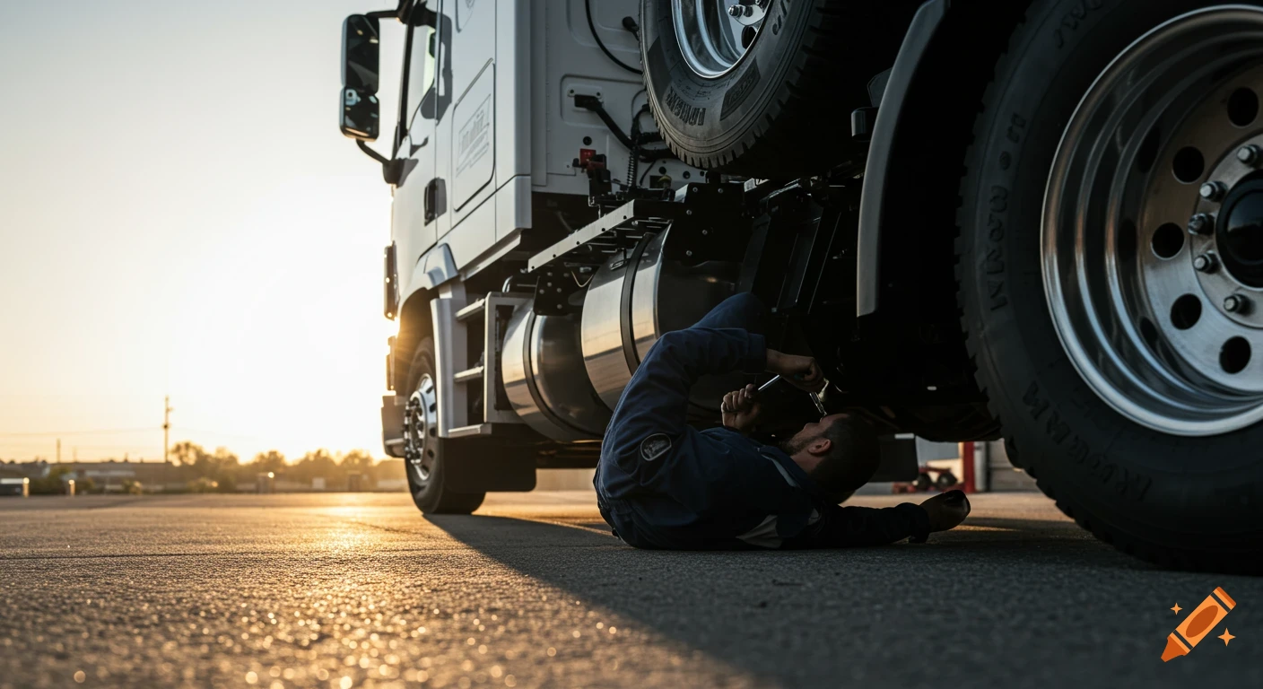 A mechanic lies under a truck to fix it at sunset.