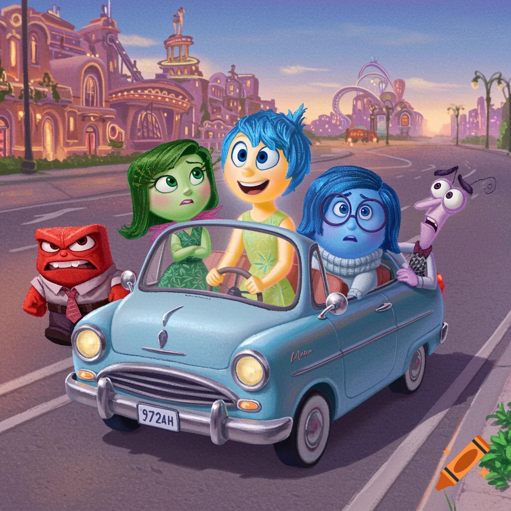 Inside Out characters Joy, Sadness, Fear, and Disgust ride in a blue vintage car through a whimsical city, while Anger stands outside. Cartoon style.