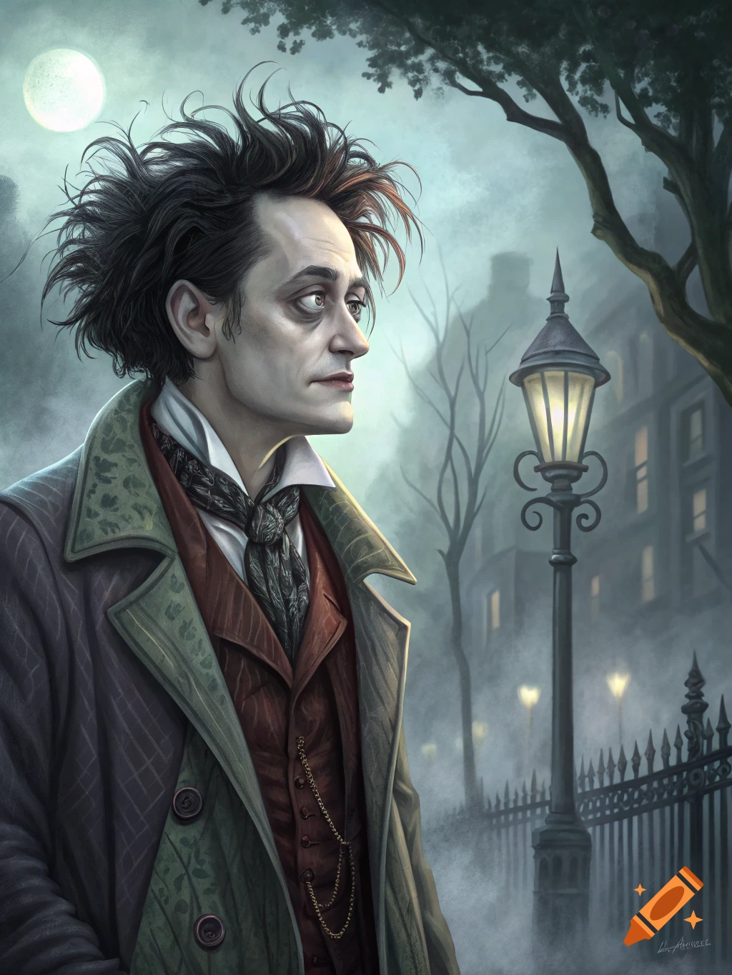 A man with wild hair in a coat and waistcoat stands on a foggy street at night with a lamppost, in a stylized, dark art style.