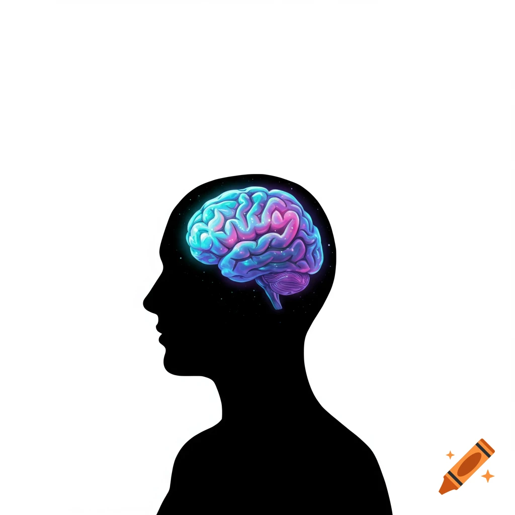 A person's silhouette with a colorful, glowing abstract brain inside.