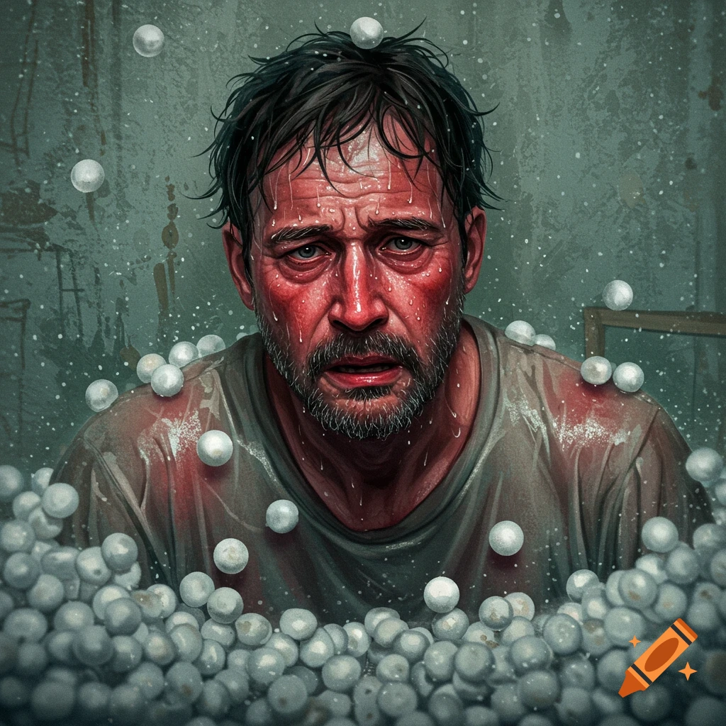 A distressed man sweating in a bath filled with mothballs.