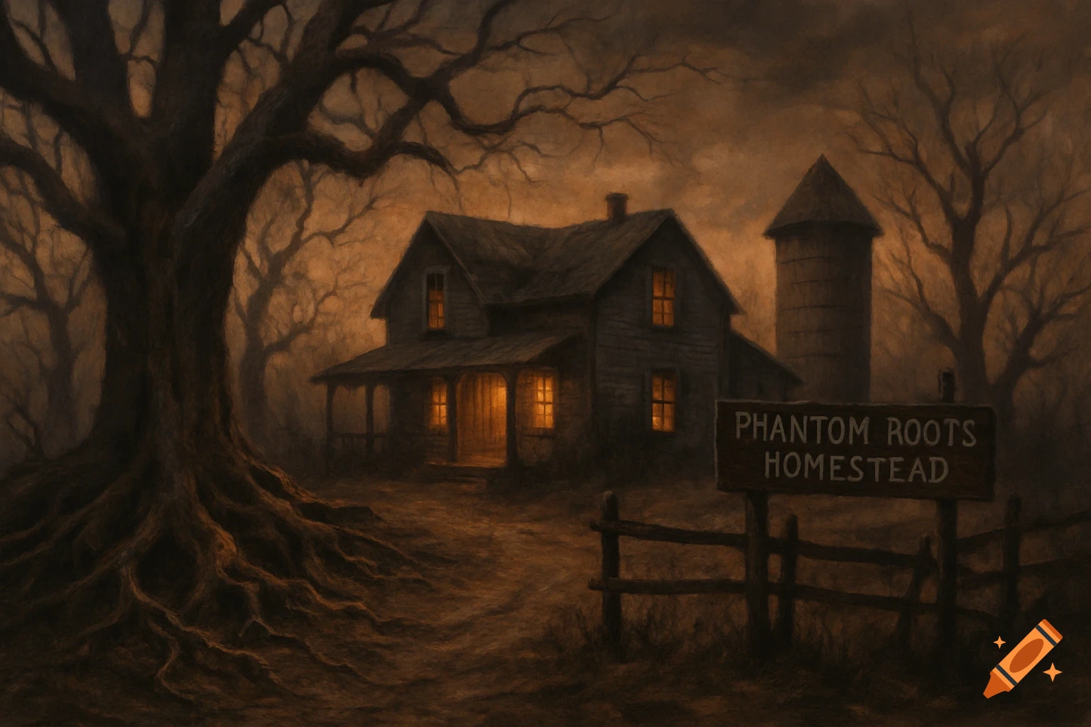 A spooky homestead and silo at dusk with bare trees and a sign.