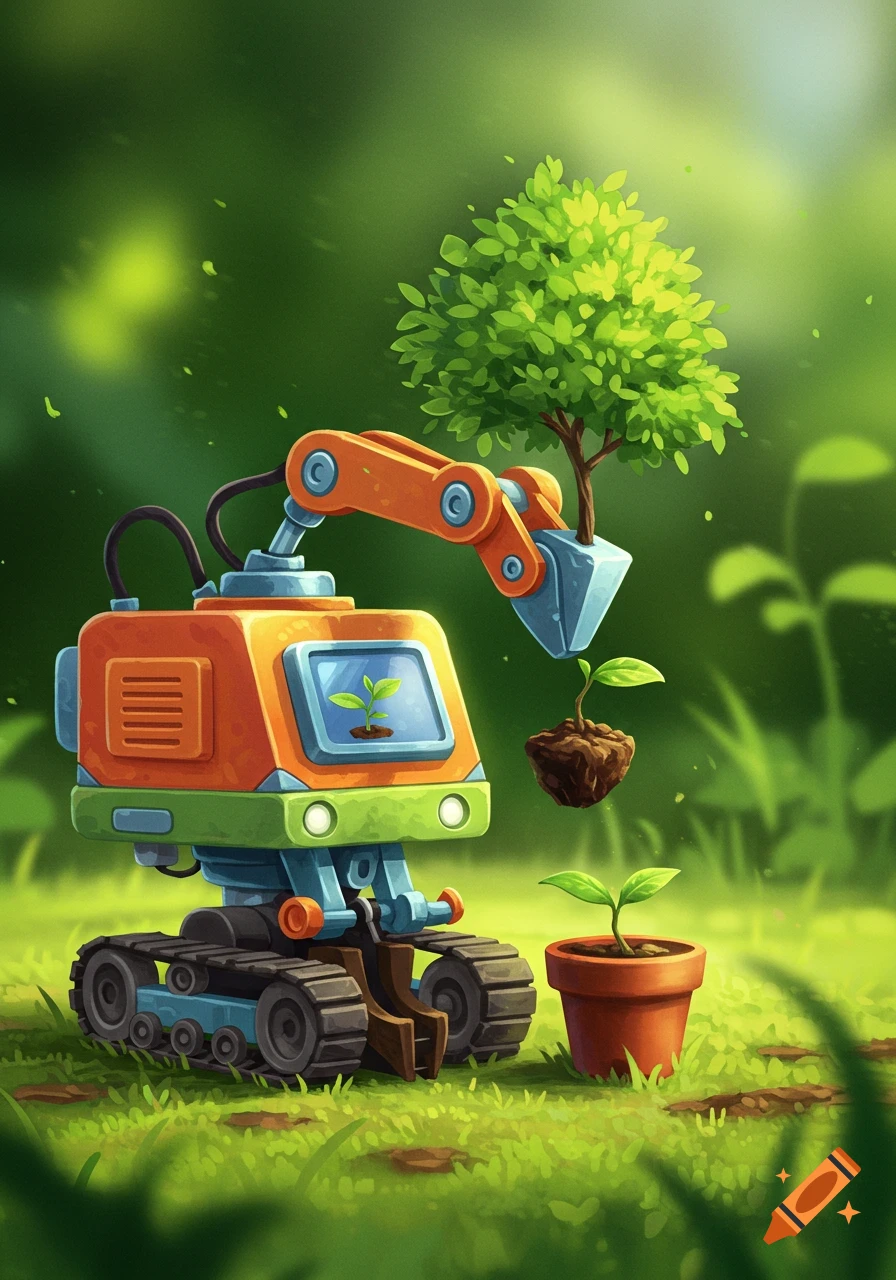 A small robot plants a tree seedling in a sunny green field.
