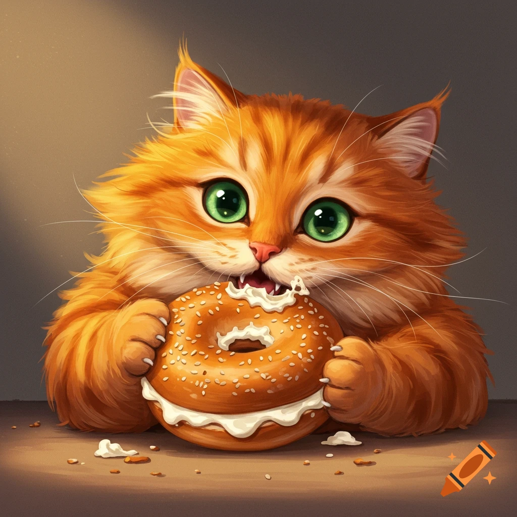 A cartoon orange cat with big green eyes eats a large bagel with cream cheese.