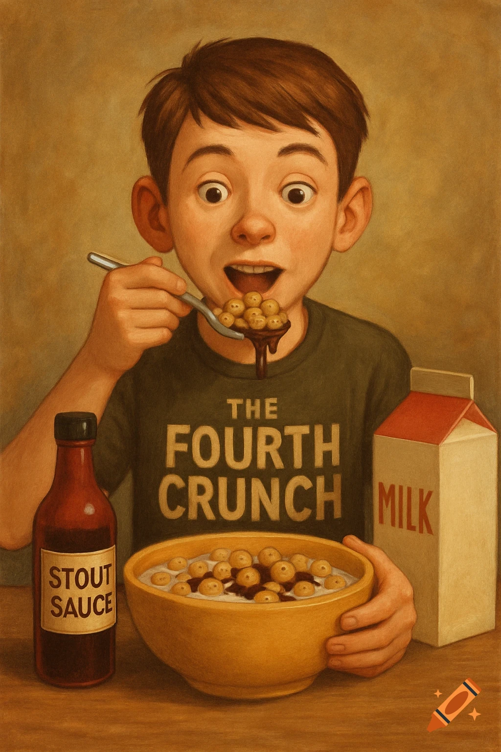 A boy eating cereal with stout sauce and milk.