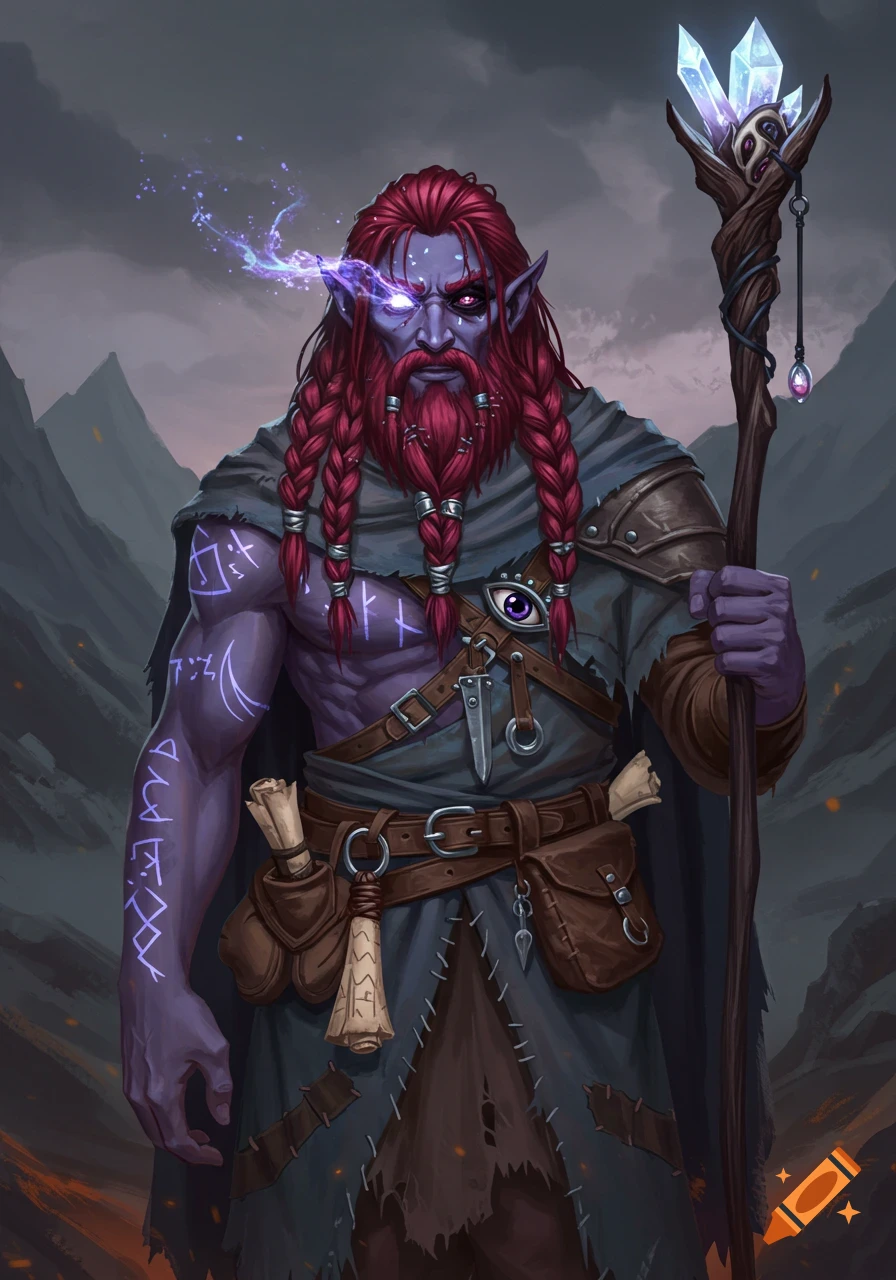 A purple-skinned fantasy character with red braids and runes holds a staff in a mountain pass.