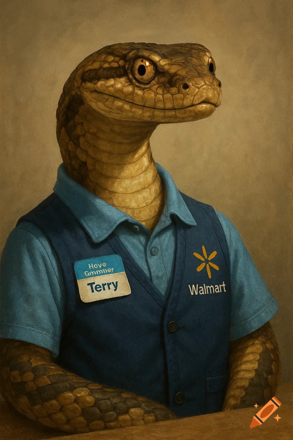A snake is wearing a Walmart employee uniform.