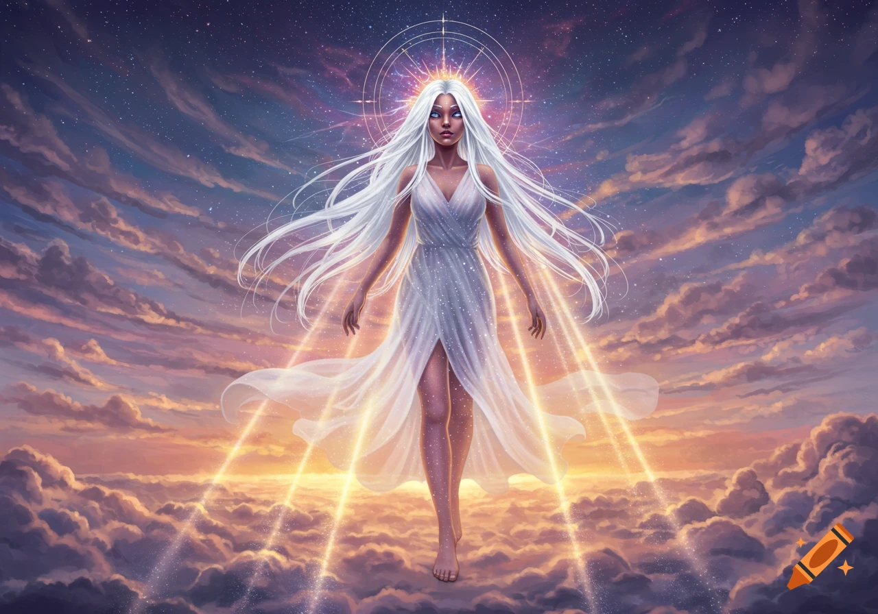 A goddess with white hair and glowing eyes stands on clouds in a starry sky at sunset, bathed in golden light.