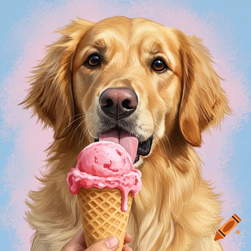 A Golden Retriever dog licking pink ice cream from a cone.