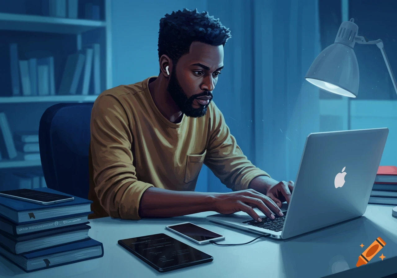 A Black man coding on a laptop at a desk with books.