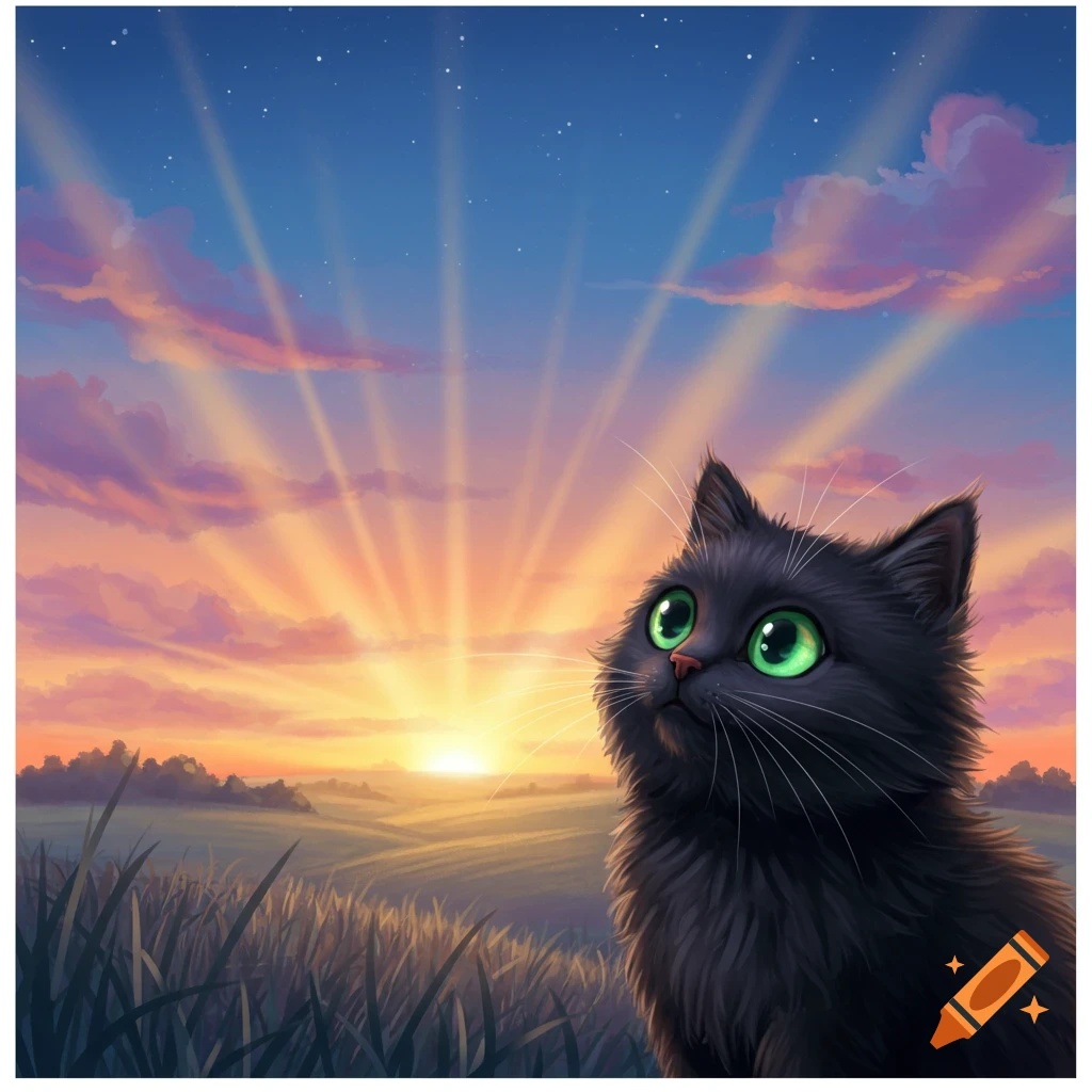 Cute black cat looking up at a bright sunrise over a grassy field.