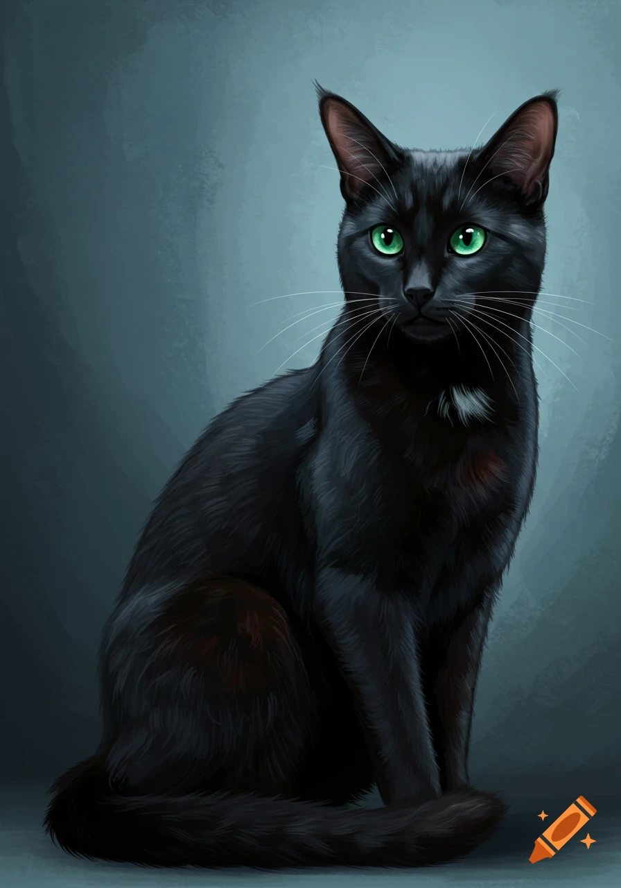 A black cat with bright green eyes is sitting against a dark background.
