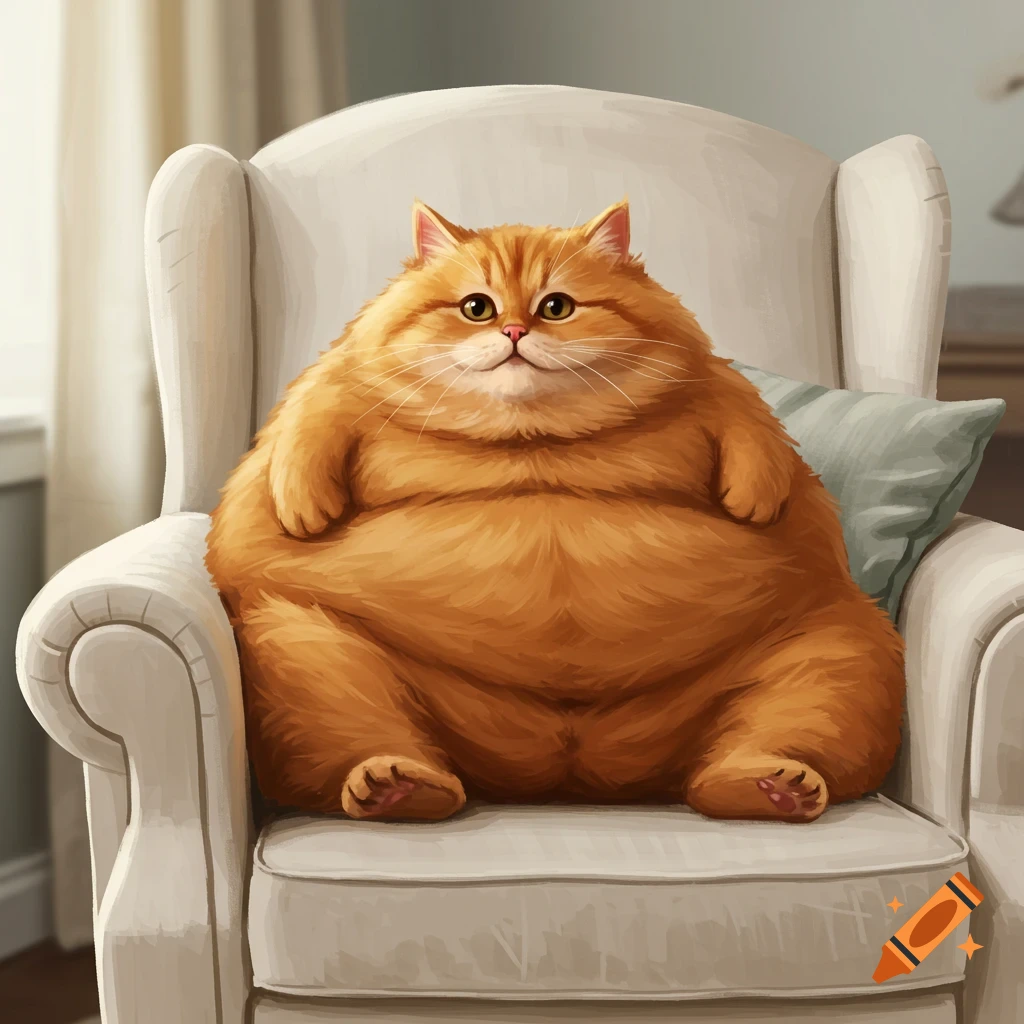 A very fat orange cat sitting on a white armchair.