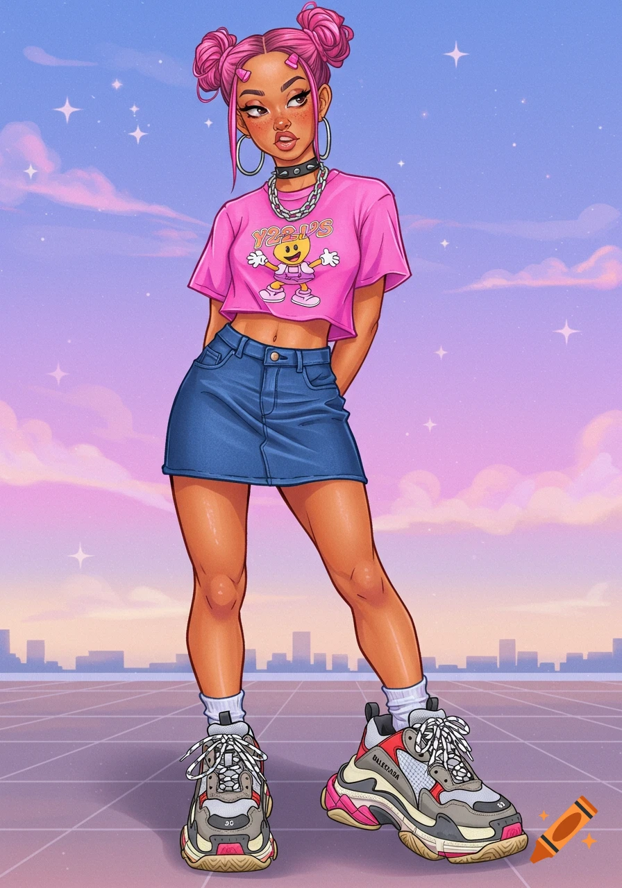 Stylized illustration of a young woman in a pink y2k crop top, denim skirt, and sneakers, standing on a geometric surface against a city skyline and sunset sky.