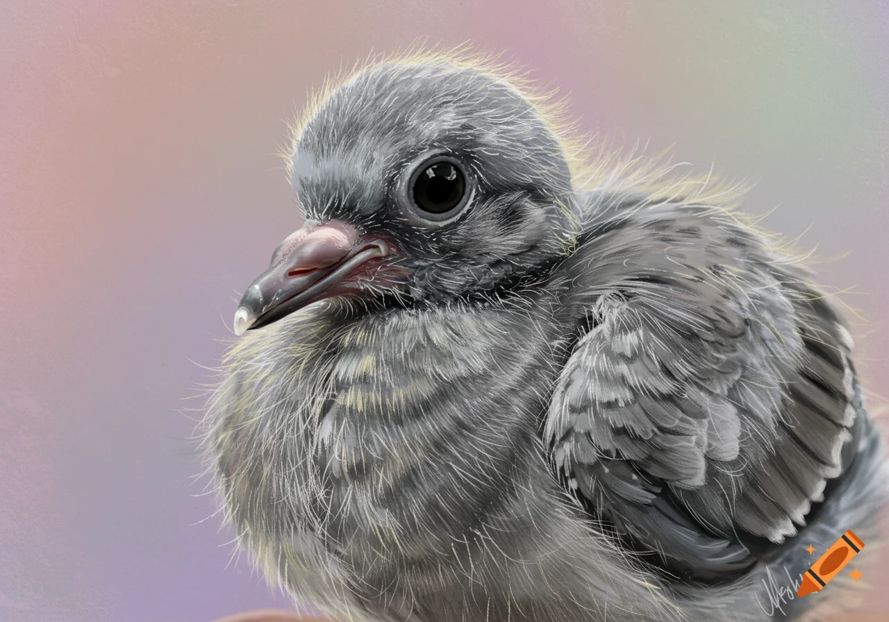 Close-up of a fluffy baby pigeon.