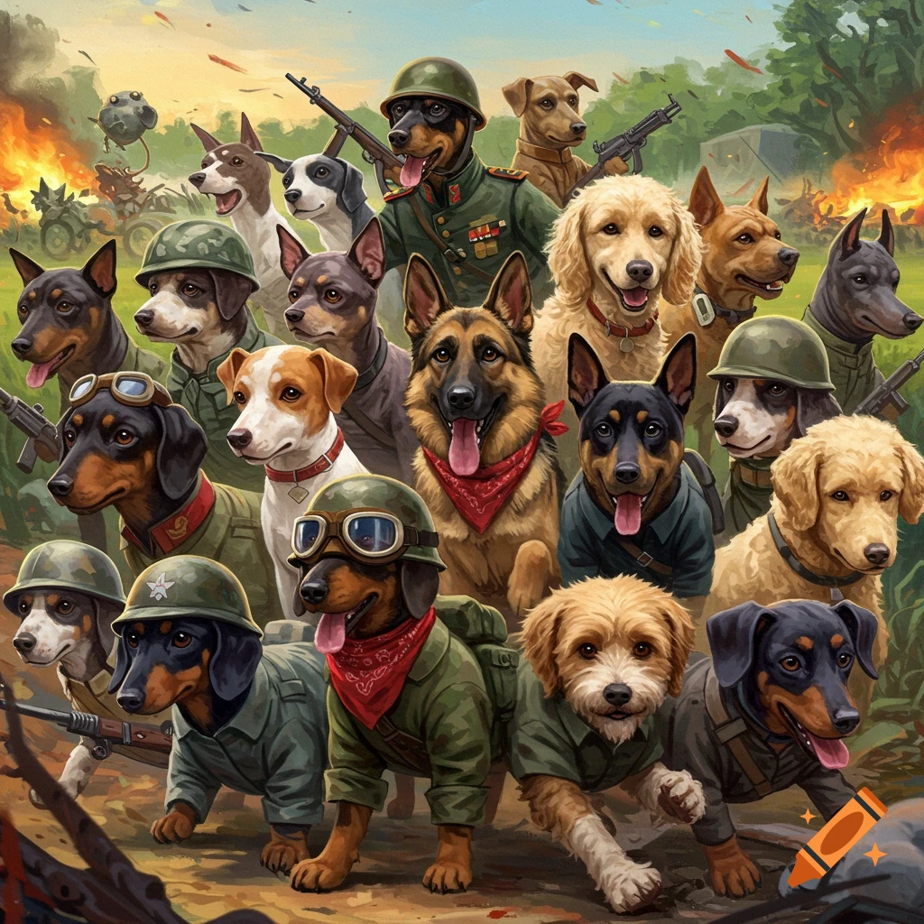 A large group of dogs dressed as soldiers in a battle scene.