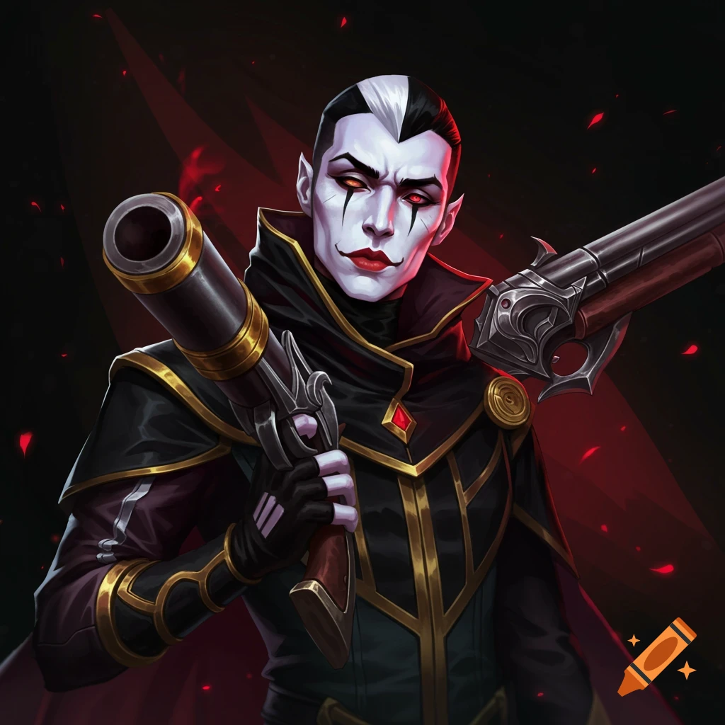Jhin from League of Legends with white face paint, black and red makeup, holding two guns.