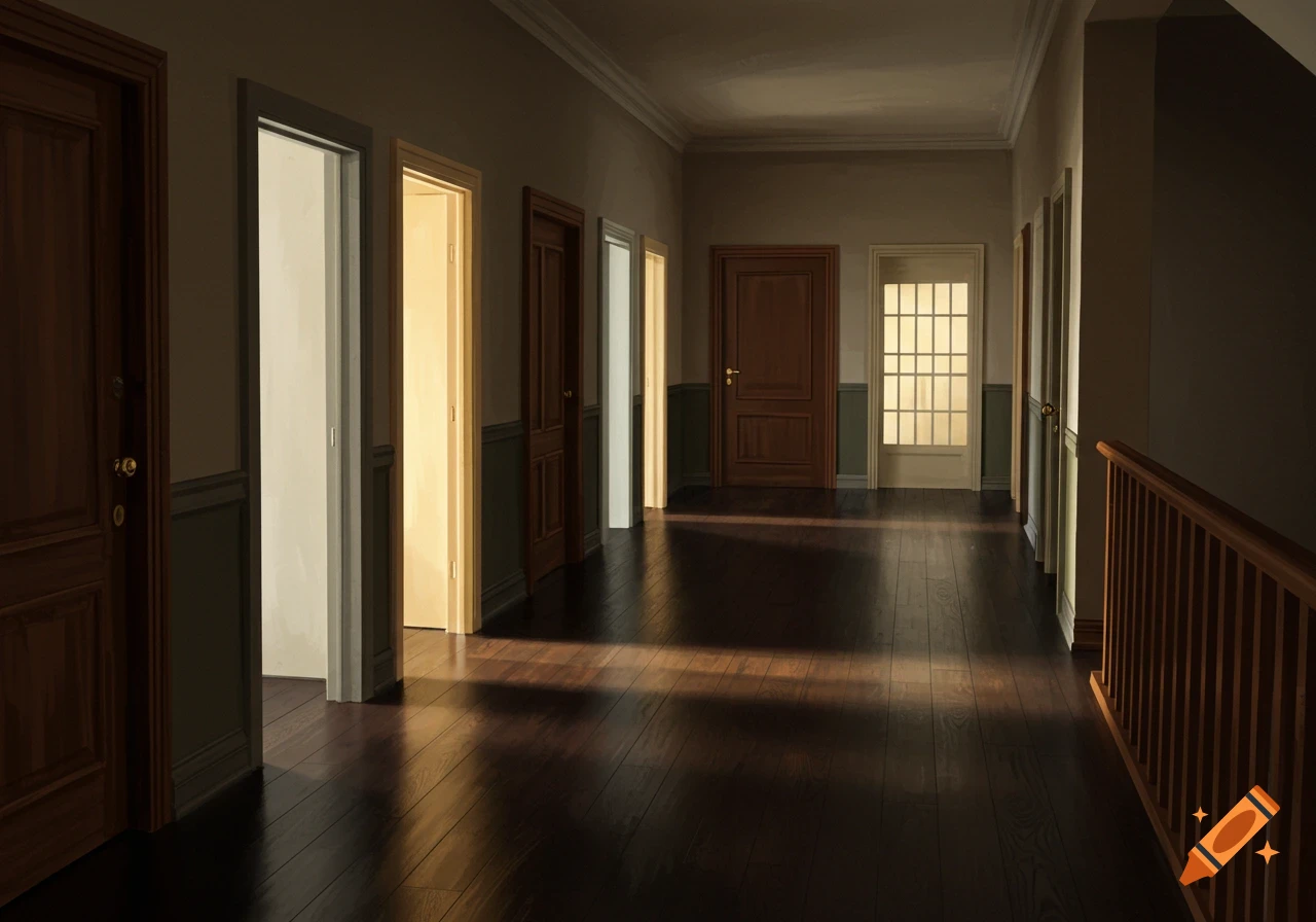 Dimly lit hallway with multiple doors, some open with light shining out.