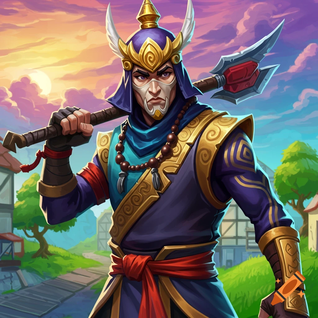 A fantasy warrior in a mask and armor holding an axe at sunset.