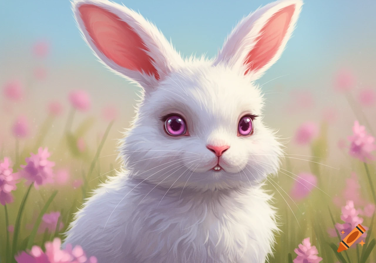 A cute white rabbit with pink eyes and ears sitting in a field of pink flowers.