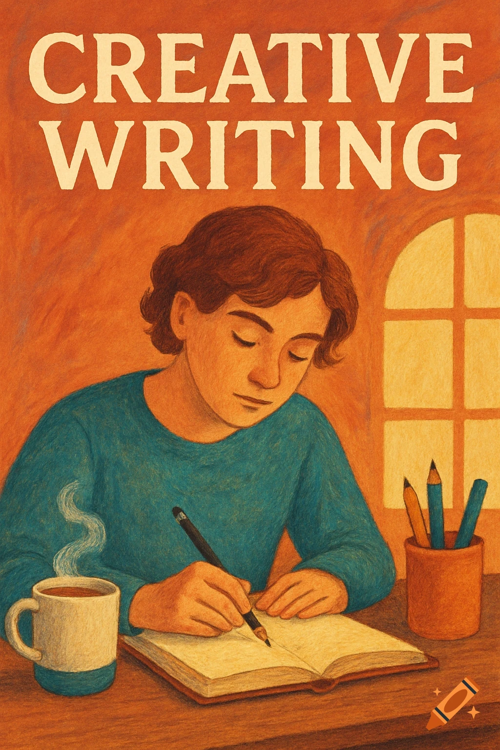 Illustration of a person writing in a book with a mug and pencils on a desk, with the text 'CREATIVE WRITING' above.