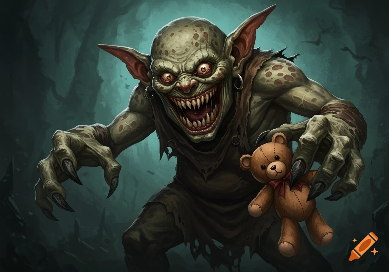 A scary goblin holding a teddy bear.
