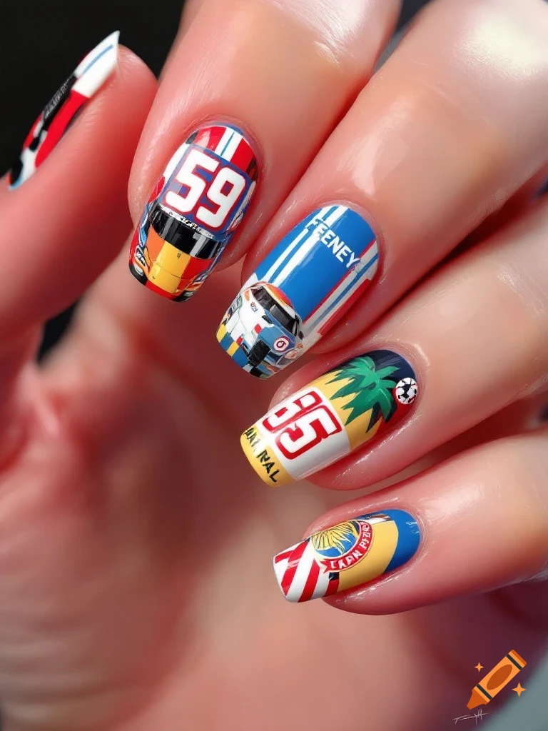 Close-up of fingernails painted with colorful racing car designs and driver name.