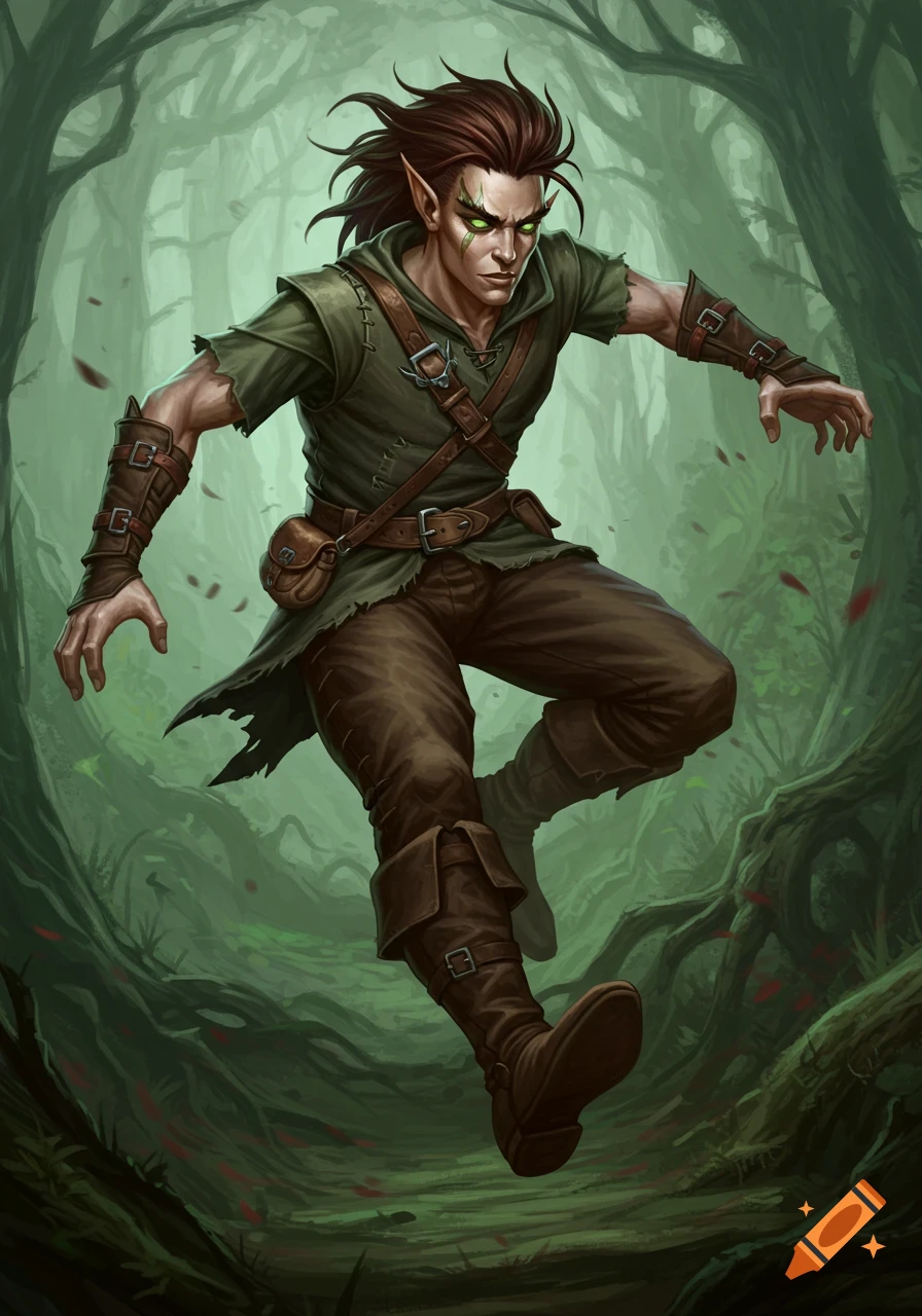 An elf rogue with glowing eyes leaping through a forest.
