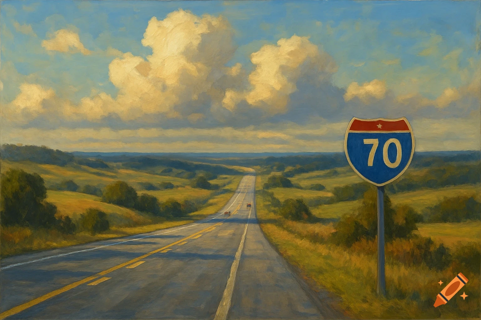 I-70 highway stretching through a rolling green heartland landscape under a cloudy sky.