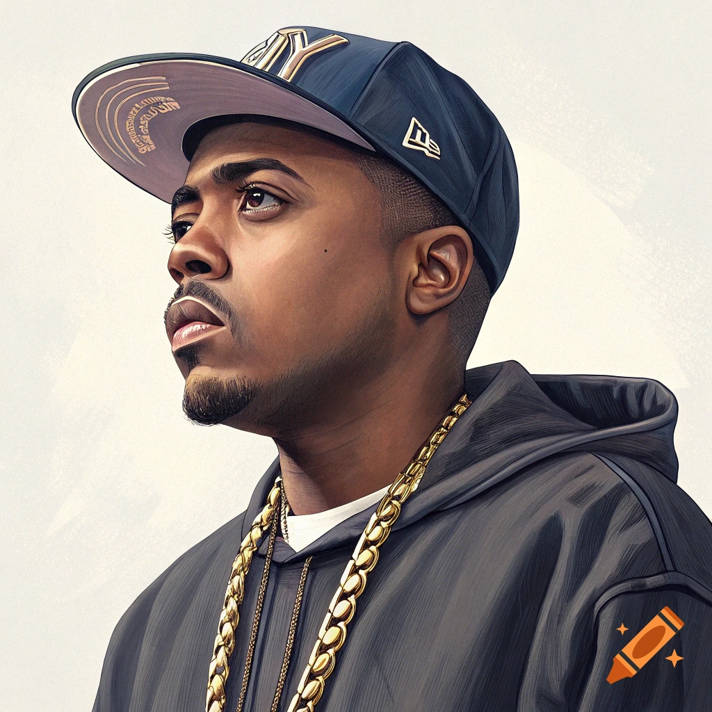 Artistic portrait of a man wearing a baseball cap, hoodie, and gold chains.