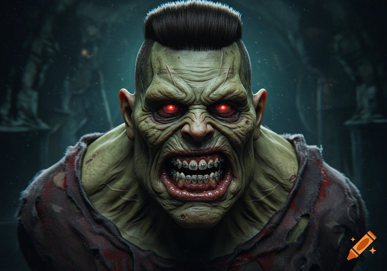Close-up portrait of a green-skinned monster with red eyes, braces, and a high-top haircut.