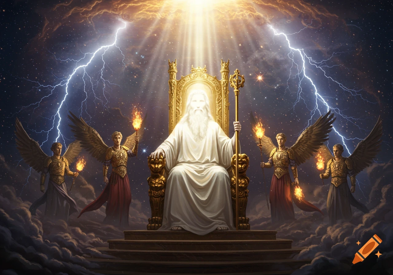 Divine figure radiating light seated on a golden throne with angels, lightning, and clouds in a cosmic setting, digital art.