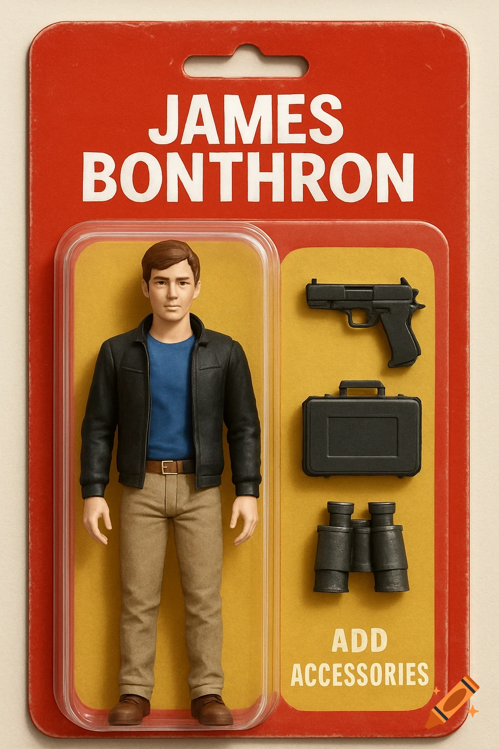 Photorealistic image of a 'James Bonthron' action figure in blister packaging with gun, briefcase, and binoculars.