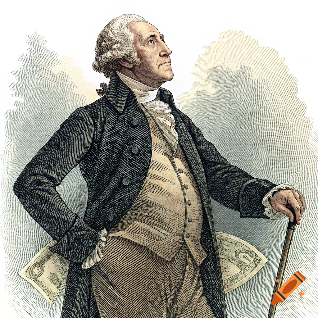 Illustration of George Washington standing with a cane, looking up, with a document or currency visible.